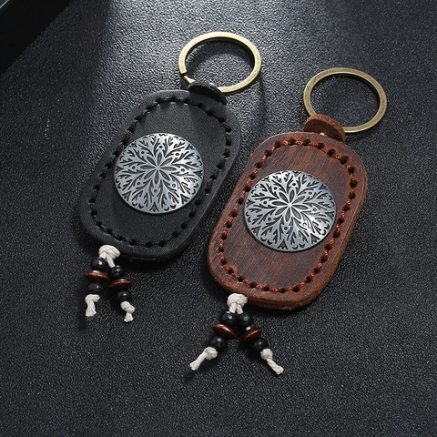 Vintage Echtleder Schlüsselanhänger Herren Mandala Blume Metalleinlage Handgefertigte Naht Schlüsselring Mit Holzperlen Quaste