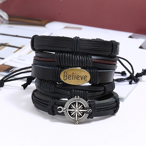 Retro Punk Multilayer Woven Leather Bracelet Cowhide Alloy Believe Compass Charm Bohemian Unisex Fashion Jewelry