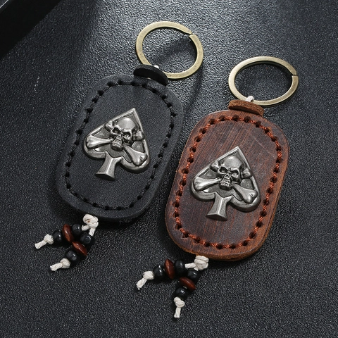 Portachiavi in Pelle Bovina Vintage con Teschio e Picche Cucito a Mano Retro Punk Anello per Chiavi Ciondolo Borsa Accessori Decorativi
