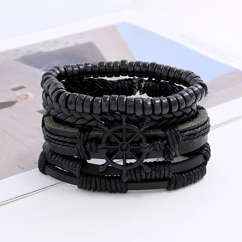Vintage Rudder Cowhide Multi-layer Woven Bracelet For Men Punk Nautical Leather Cord Wood Bead Combination Bracelet Jewelry