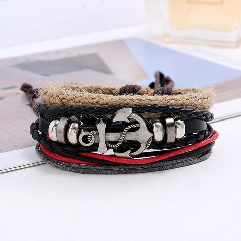 Retro Ancora Multistrato Bracciale in Pelle da Uomo Intrecciato Pelle di Vacca PU Corda di Canapa Punk Nautico Gioielli