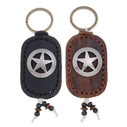 Vintage Handgefertigtes Rindsleder Schlüsselanhänger Für Damen Herren Stern Metall Abzeichen Retro Auto Schlüsselring Mit Holzperlen