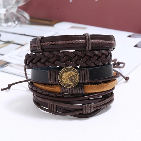 Herren Vintage Leder Geflochtenes Armband Mehrlagig Punk Adlerkopf Verstellbare Kordel Hanfseil Armband Schmuck