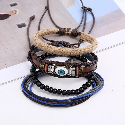 Vintage Cowhide Hemp Rope Braided Bracelet Arrangement With Evil Eye Detail Alloy Wood Bead Multi-layer Men Wrist Jewelry
