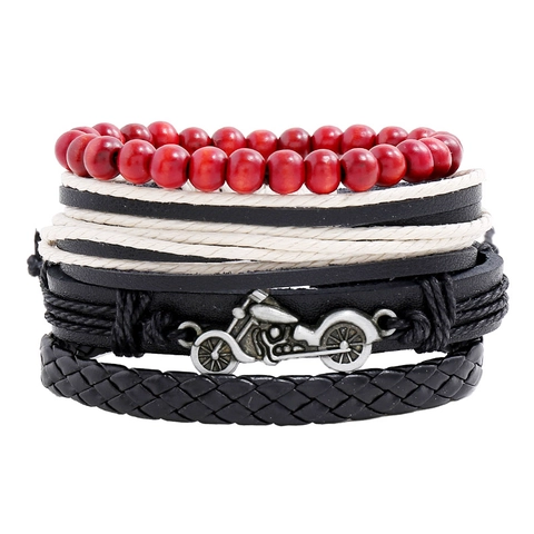 Retro Geflochtenes Rindsleder Legierung Motorrad Anhänger Holzperlen Armbänder Für Herren Punk Stil Verstellbarer Schmuck