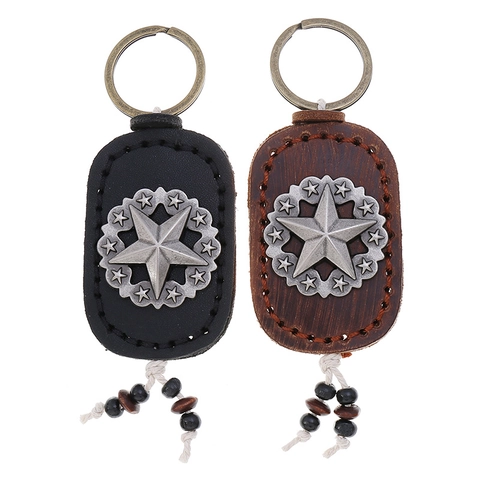 Retro Punk Cowhide Pentagram Keychain Handmade Leather Star Key Ring Wood Bead Tassel Car Bag Hanging Decor Men Women Gift