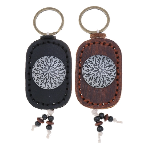 Vintage Echtleder Schlüsselanhänger Herren Mandala Blume Metalleinlage Handgefertigte Naht Schlüsselring Mit Holzperlen Quaste