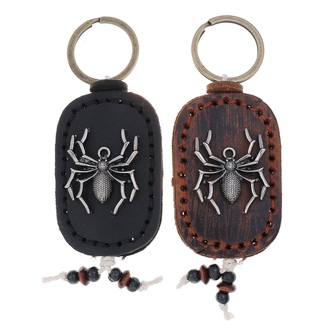 Portachiavi con Ragno in Pelle di Vacchetta Vintage per Uomo Donna Retro Punk Pendente in Lega con Perline in Legno Accessorio