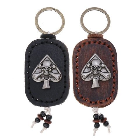 Portachiavi in Pelle Bovina Vintage con Teschio e Picche Cucito a Mano Retro Punk Anello per Chiavi Ciondolo Borsa Accessori Decorativi