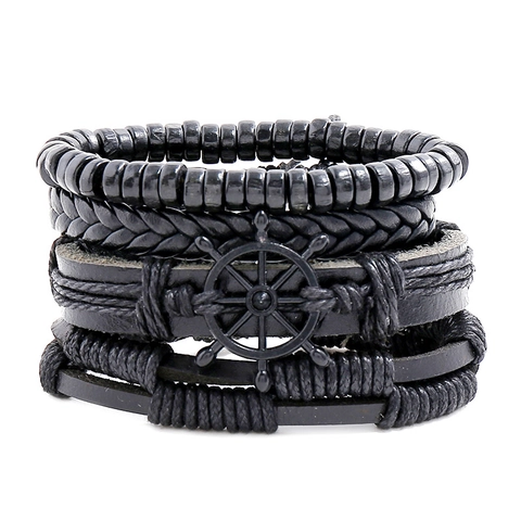 Vintage Rudder Cowhide Multi-layer Woven Bracelet For Men Punk Nautical Leather Cord Wood Bead Combination Bracelet Jewelry