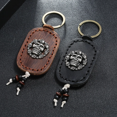 Vintage Punk Leder Totenkopf Schlüsselanhänger Handgenäht Rindsleder Schlüsselring Für Herren Auto Zubehör Retro Skelett Anhänger