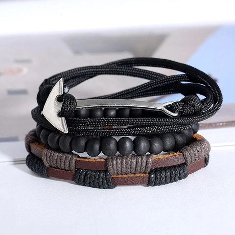 Vintage Men Braided Cowhide Leather Multi Layer Bracelet Nautical Anchor Charm Wood Beads Punk Wristband Jewelry Black Brown Gift