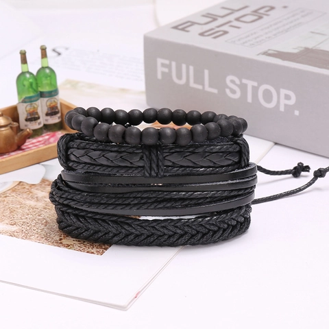 Pulseras de Cuero Multicapa Tejidas a Mano Retro para Hombre Mujer Punk Bohemio Cordón de Cuero PU Trenzado Cuenta de Madera Joyas