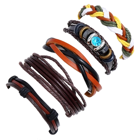 Vintage Men's 5-Piece Braided Leather Bracelet Set Handmade Multilayer Bohemian Adjustable Wrap Rhinestone Cord Jewelry