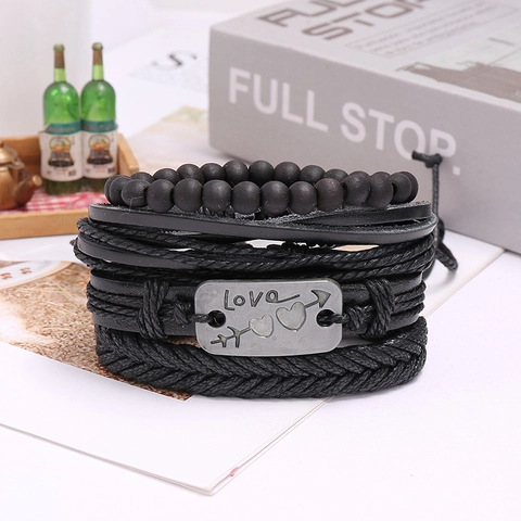 Pulsera Multicapa de Cuero Tejido Vintage para Hombre Punk Corazón Flecha Love Placa de Metal Negro Joyería para Hombre