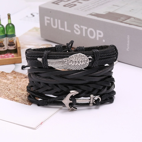 Pulsera Trenzada de Cuero de Vaca Vintage para Hombre Mujer Multicapa Colgante de Ancla Ala Joyería Estilo Punk Ajustable