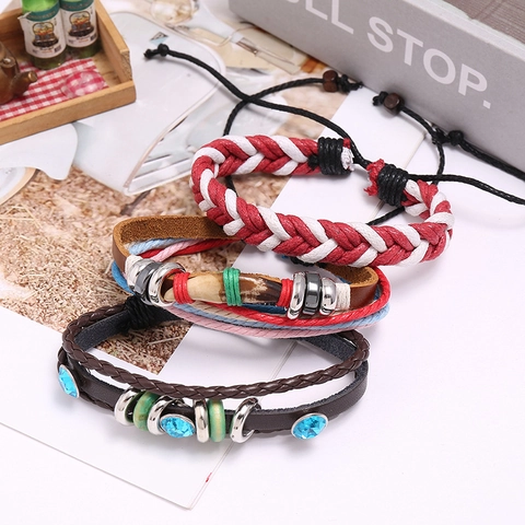 Bracciale in Pelle Multistrato Bohemian Vintage per Donna Bracciale con Ciondolo in Corda Intrecciata con Strass Gioielli Etnici