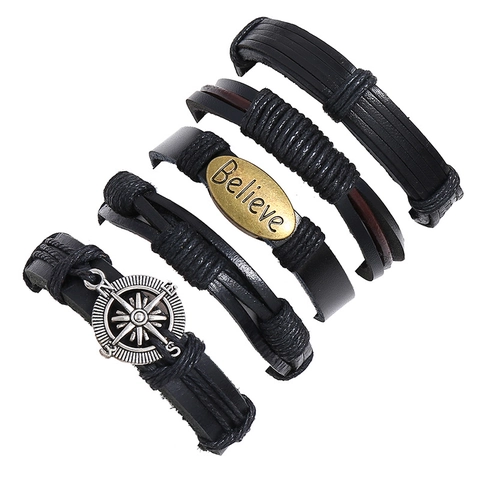 Retro Punk Multilayer Woven Leather Bracelet Cowhide Alloy Believe Compass Charm Bohemian Unisex Fashion Jewelry