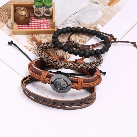 Vintage Tai Chi Yin Yang Men Braided Leather Bracelet Multi-layer Cowhide Hemp Rope Wood Beads Bohemian Punk Wristband