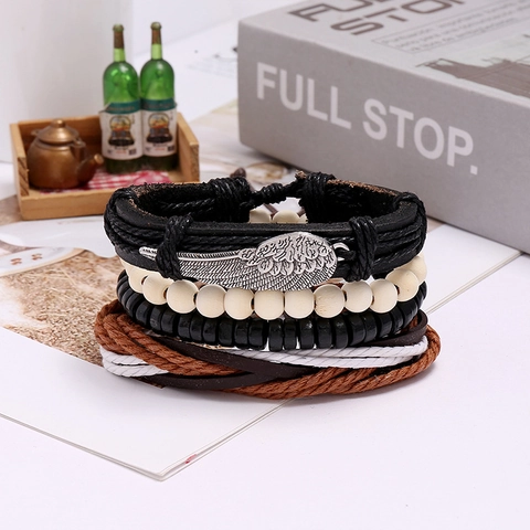 Vintage Herren Geflochtenes Leder Armband Set Mit Legierung Feder Flügel Anhänger Holzperlen Ethno Punk Handmade Schmuck