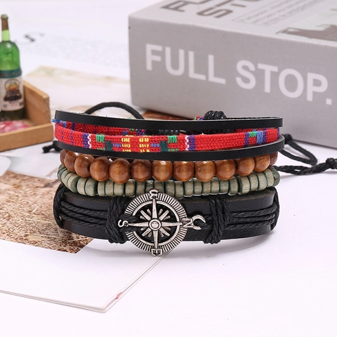 Retro Braided Cowhide Leather Bracelet Set For Men Women Compass Pendant Multi Layer Wood Bead Punk Bohemian Jewelry