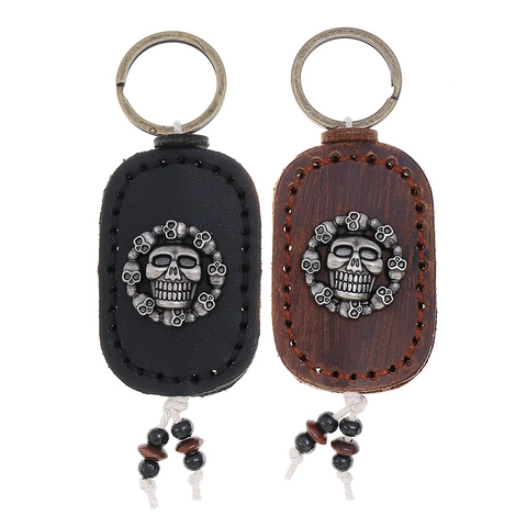 Vintage Punk Leder Totenkopf Schlüsselanhänger Handgenäht Rindsleder Schlüsselring Für Herren Auto Zubehör Retro Skelett Anhänger