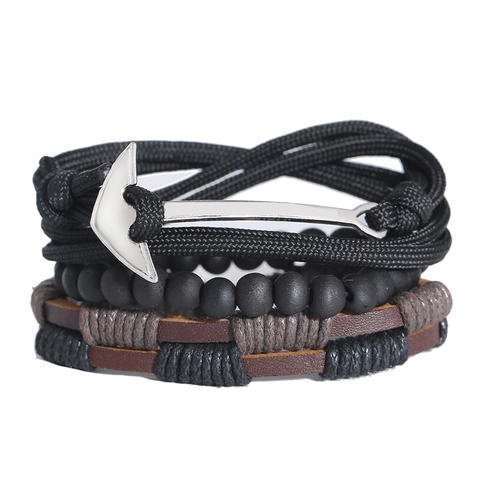Vintage Men Braided Cowhide Leather Multi Layer Bracelet Nautical Anchor Charm Wood Beads Punk Wristband Jewelry Black Brown Gift