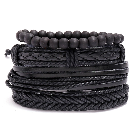 Pulseras de Cuero Multicapa Tejidas a Mano Retro para Hombre Mujer Punk Bohemio Cordón de Cuero PU Trenzado Cuenta de Madera Joyas