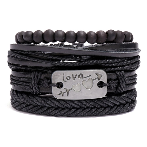Pulsera Multicapa de Cuero Tejido Vintage para Hombre Punk Corazón Flecha Love Placa de Metal Negro Joyería para Hombre