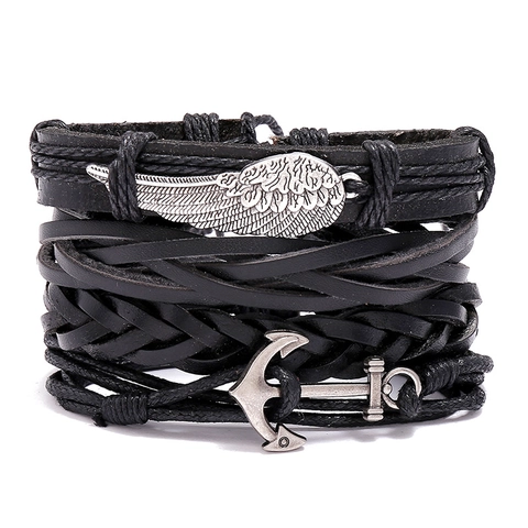 Pulsera Trenzada de Cuero de Vaca Vintage para Hombre Mujer Multicapa Colgante de Ancla Ala Joyería Estilo Punk Ajustable