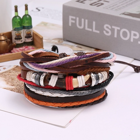 Bracciale in Vera Pelle Intrecciata Vintage per Uomo Donna Bracciale Multistrato in Pelle di Vacchetta e Corda di Canapa Gioielli Etnici Punk