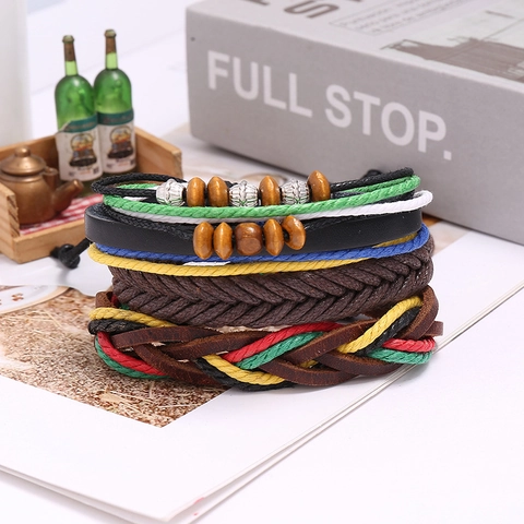 Vintage Geflochtenes Echtleder Armband Set Für Herren Damen Mehrlagiges Ethnisch Bohemian Stil Holzperlen Handgefertigter Schmuck