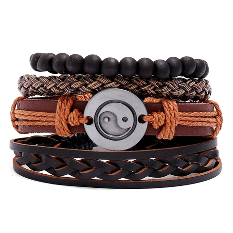 Vintage Tai Chi Yin Yang Men Braided Leather Bracelet Multi-layer Cowhide Hemp Rope Wood Beads Bohemian Punk Wristband