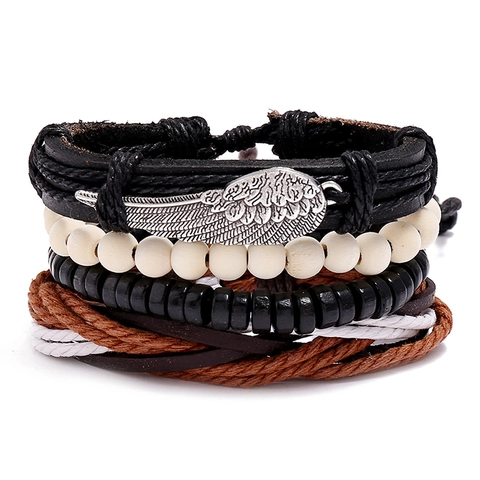 Vintage Herren Geflochtenes Leder Armband Set Mit Legierung Feder Flügel Anhänger Holzperlen Ethno Punk Handmade Schmuck