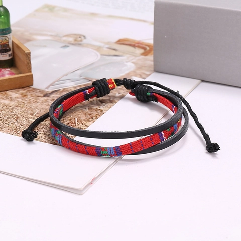 Vintage Ethnic Hand-woven Multi-layer Leather Bracelet For Men Women Adjustable Braided Geometric Pattern Jewelry Gift