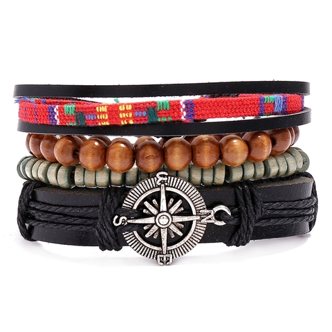 Retro Braided Cowhide Leather Bracelet Set For Men Women Compass Pendant Multi Layer Wood Bead Punk Bohemian Jewelry