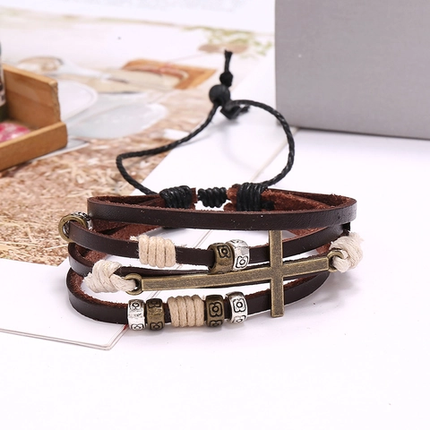 Vintage Multi-layer Cowhide Leather Bracelet For Women Men Braided Hemp Rope Cross Pendant Alloy Beaded Adjustable Jewelry Gift