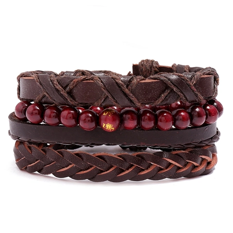 Bracciale in Pelle di Vacchetta Intrecciata Retrò Polsino a Strati Con Perline di Legno e Corda di Canapa Gioielli Stile Boho Uomo Donna