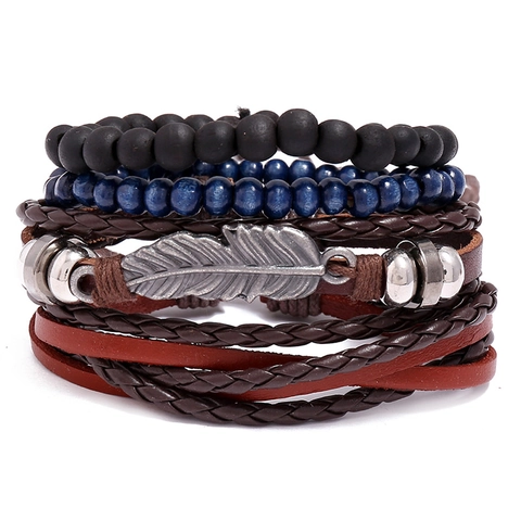 Set di Bracciali in Pelle di Vacchetta Intrecciata Retrò per Uomo Bohemian Ciondolo a Piuma in Lega Multistrato Gioielli Regalo