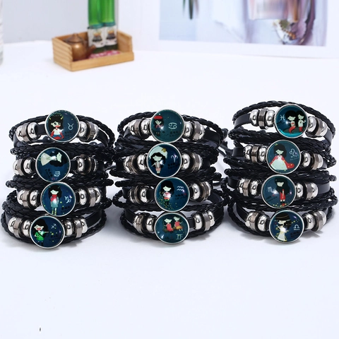 Punk 12 Sterrenbeelden Lichtgevende Koeienhuid Armband Meerlagig Gevlochten Leer Constellatie Glow In The Dark Unisex Sieraden