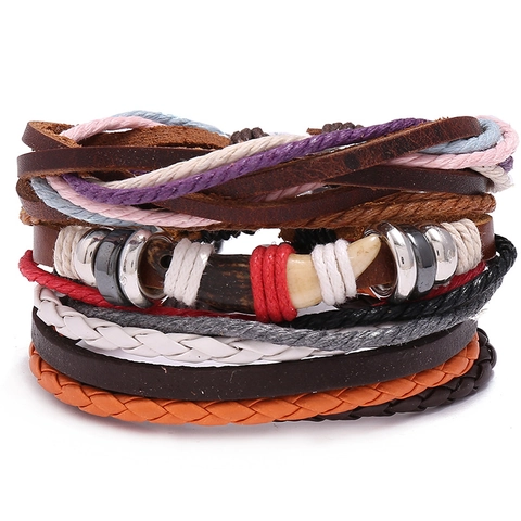 Bracciale in Vera Pelle Intrecciata Vintage per Uomo Donna Bracciale Multistrato in Pelle di Vacchetta e Corda di Canapa Gioielli Etnici Punk