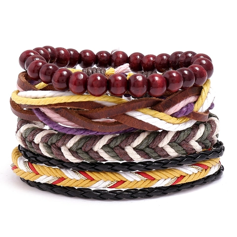 Set di Bracciali in Vera Pelle Intrecciata Vintage Etnico Multistrato Regolabile Bohemien Perline di Legno Gioielli