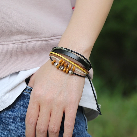 Ethnic Hand-woven Multi-layer Cowhide Leather Bracelet For Men Women Vintage Wooden Beads Hemp Rope Adjustable Punk Jewelry