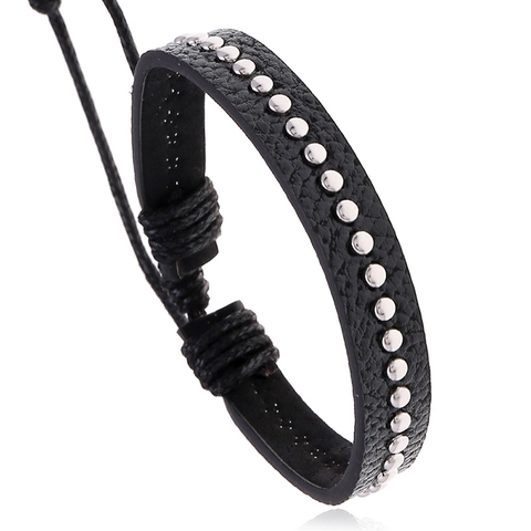 Bracciale Punk in Pelle PU Nera Intrecciata Con Borchie in Metallo Argentato Coulisse Regolabile Gioielli Gotici Minimalisti