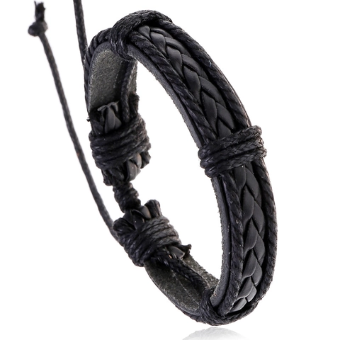 Handmade Braided Synthetic Leather Bracelet For Men Retro Punk Style Adjustable Cord Wristband Personalized Jewelry Gift