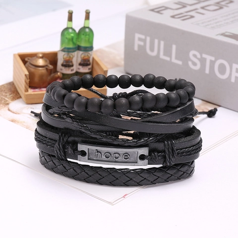 Punk Cowhide Leather Braided Bracelet Set Unisex Vintage Hemp Rope Wood Beads Alloy Hope Believe Charm Wrap Wristband Jewelry