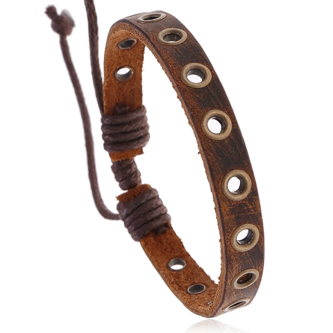 Vintage Brown Cowhide Leather Bracelet For Men Punk Hand Woven Adjustable Metal Eyelet Geometric Design Jewelry