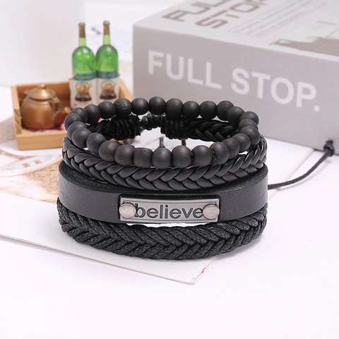 Men Retro Multi-layer Bracelet Set Punk Woven Leather Cowhide Braided Wood Beads Alloy Believe Letter Plate Adjustable Jewelry