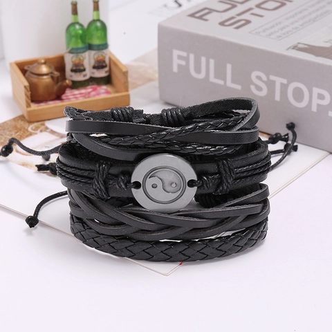 Conjunto de Pulseras de Cuero Multicapa Retro Punk para Hombres Mujeres Pulsera de Cuero de Vaca Tejida a Mano Dije de Yin Yang Tai Chi Joyería Ajustable