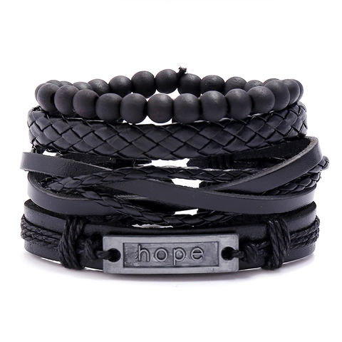 Punk Cowhide Leather Braided Bracelet Set Unisex Vintage Hemp Rope Wood Beads Alloy Hope Believe Charm Wrap Wristband Jewelry
